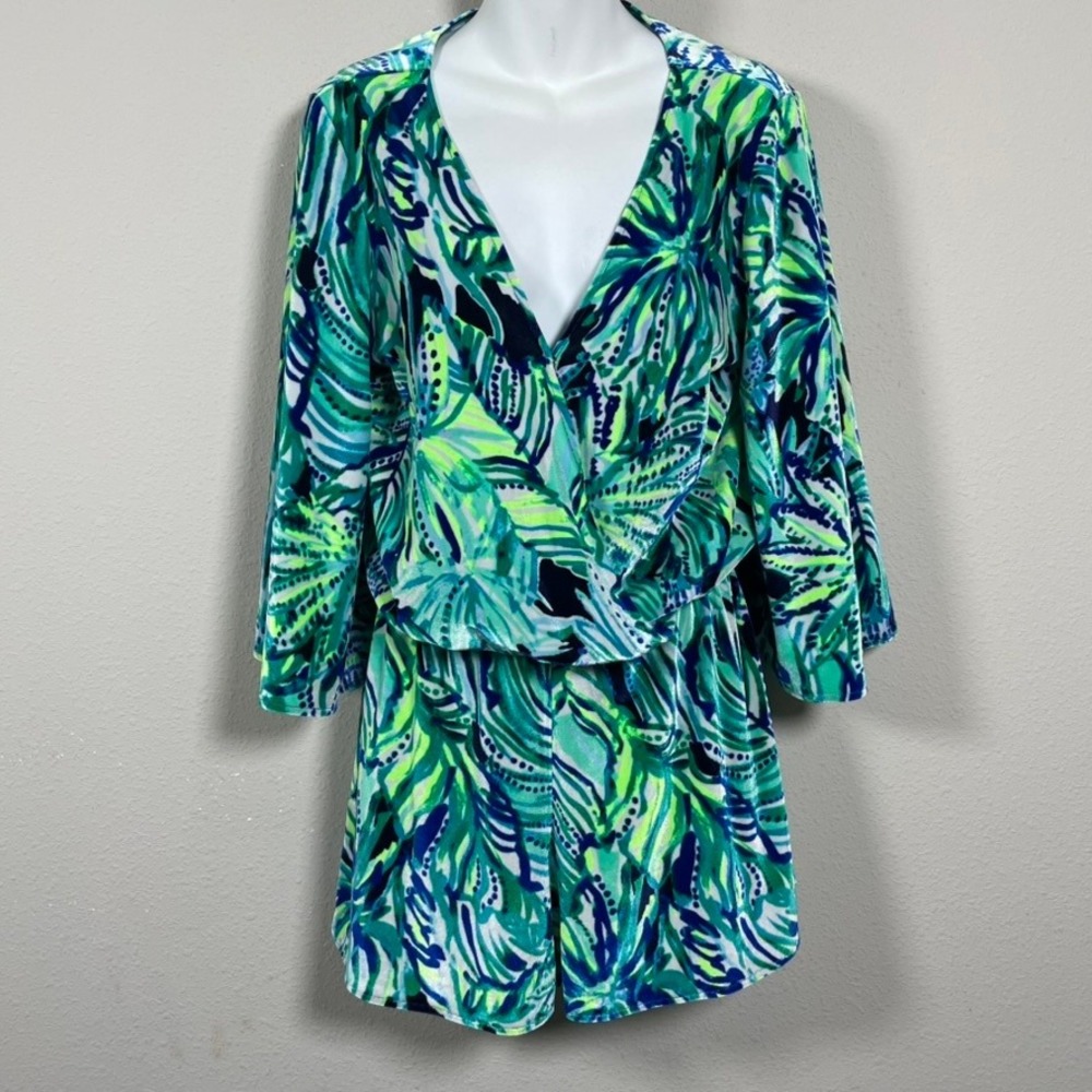 Lilly Pulitzer Viviana Romper Women S Blue Green Velvet Palm Leaf Coastal Resort